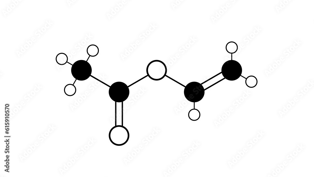 vinyl acetate molecule, structural chemical formula, ballandstick