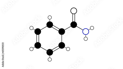 benzamide molecule, structural chemical formula, ball-and-stick model, isolated image amide derivative