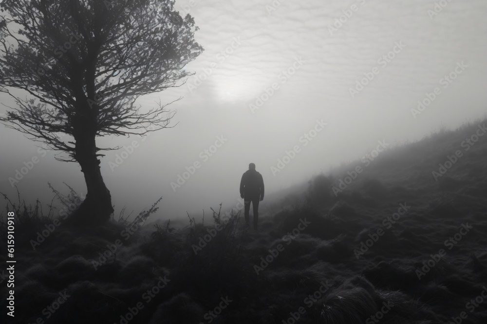 A person standing on a hill in the fog Generative Ai