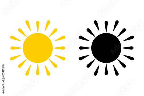 Sun icon set. Collection of yellow sun and black silhouette. Vector illustration for use as weather, sunlight, nature icon or logo isolated on white background