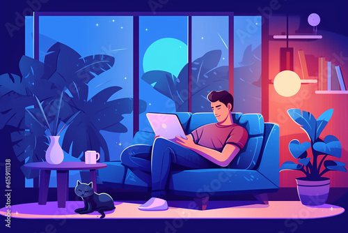 Brunette man with a laptop sitting on a sofa late at night. Abstract concept art lazy sedentary lifestyle of a young freelancer working from home with cat, plants. 3d illustration on blue background,