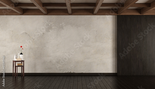 Empty old room with wood paneling roof beam and coffee table with objects - 3d rendering