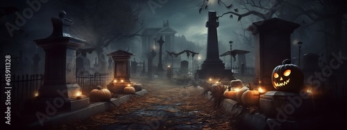 Halloween banner. Fog, graveyard and pumpkins. dark night