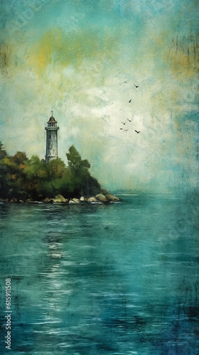 Mysterious and mystical seascape with rocky island, lighthouse, blue sea and yellow sky, grunge style poster. AI generated.