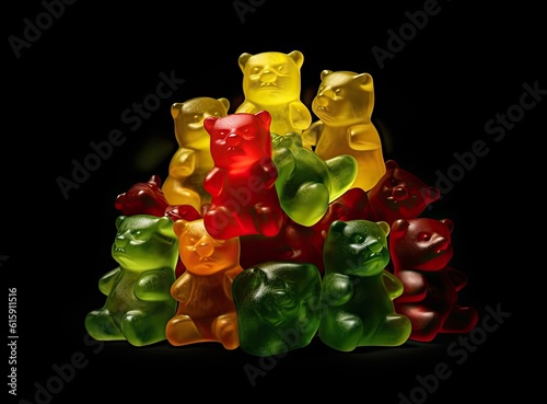 Jelly bears on a black background. Multicolored sweets on a black background. Created with Generative AI technology.