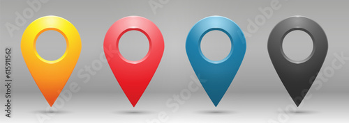 Realistic colored geolocation icons on a gray gradient background. A set of four pin-code icons of the geolocation map. Vector illustration.