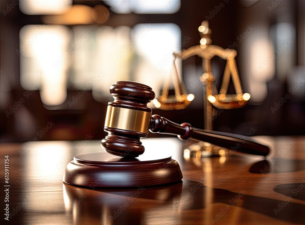 Judge gavel with Justice lawyers having team meeting at law firm in background. Concepts of law. Created with Generative AI technology. Judge gavel with Justice lawyers having team meeting at law firm in background. Concepts of law. Created with Generative AI technology.