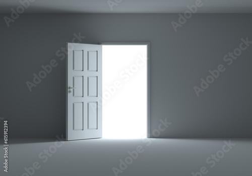 An open door with bright light streaming into a very dark room. 3d Illustration