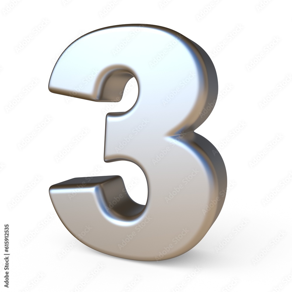Metal font NUMBER THREE 3 3D render illustration isolated on white background Metal font NUMBER THREE 3 3D render illustration isolated on white background