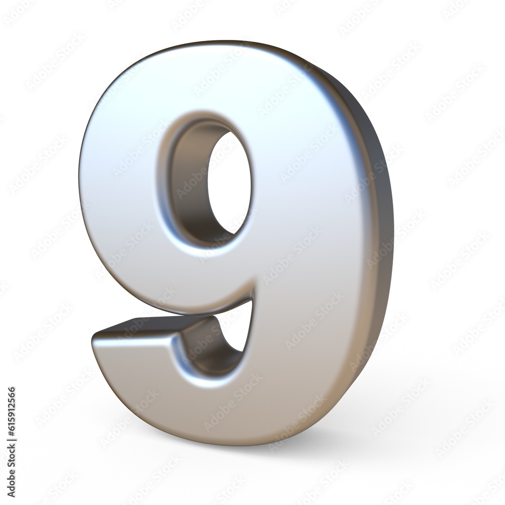 Metal font NUMBER NINE 9 3D render illustration isolated on white background Metal font NUMBER NINE 9 3D render illustration isolated on white background