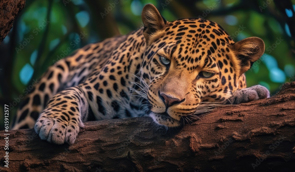 Sri Lankan leopard, Panthera pardus kotiya, laying on a tree, surrounded by dense vegetation. Created with Generative AI technology. Sri Lankan leopard, Panthera pardus kotiya, laying on a tree, surrounded by dense vegetation. Created with Generative AI technology.