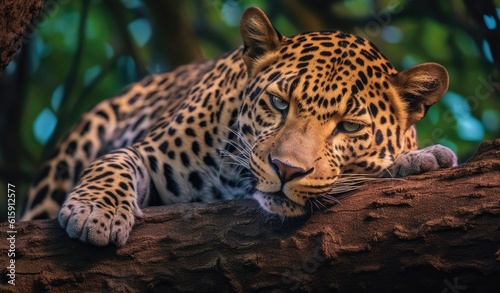 Sri Lankan leopard  Panthera pardus kotiya  laying on a tree  surrounded by dense vegetation. Created with Generative AI technology.
