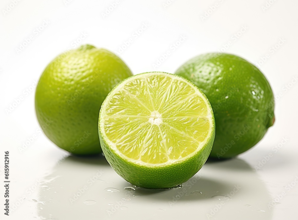 Natural fresh lime with water drops and sliced, green leaf isolated on white background. Created with Generative AI technology. Natural fresh lime with water drops and sliced, green leaf isolated on white background. Created with Generative AI technology.