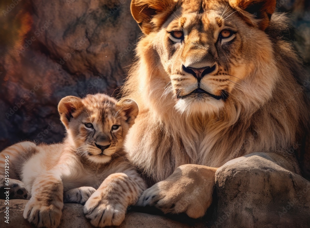 This proud male aftican lion is cuddled by his cub during an affectionate moment. Created with Generative AI technology. This proud male aftican lion is cuddled by his cub during an affectionate moment. Created with Generative AI technology.