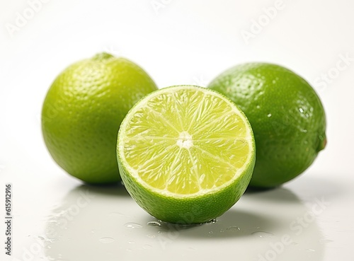 Natural fresh lime with water drops and sliced, green leaf isolated on white background. Created with Generative AI technology.