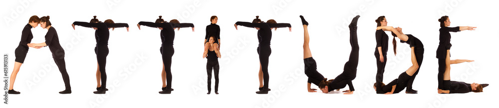 Black dressed people forming word ATTITUDE on white background