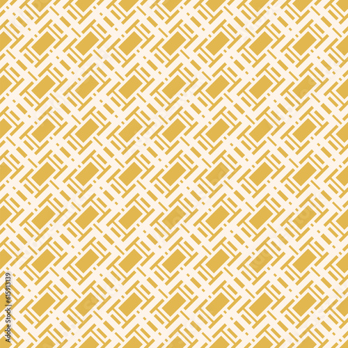 Simple geometric seamless pattern. Vector abstract texture with diagonal grid, lines, squares, rectangles, stripes. Stylish yellow modern background. Geo ornament. Repeat design for decor, wrapping