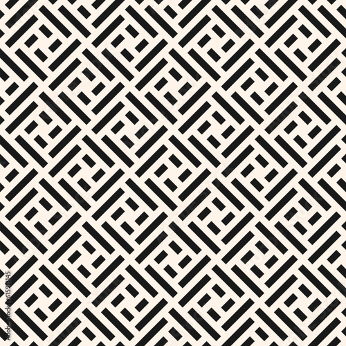 Abstract geometric seamless pattern. Stylish ornament with lines, rectangles, diagonal grid, repeat tiles. Simple black and white geo texture. Modern geometric background. Design for decor, print