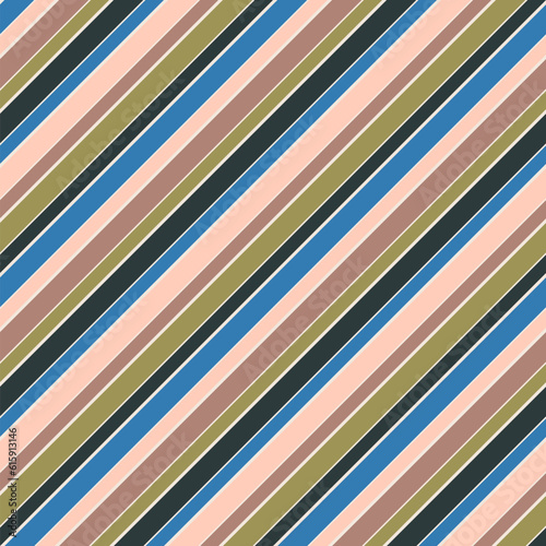 Simple diagonal stripes vector seamless pattern. Funky texture in retro colors, green, pink, blue, rose. Abstract striped background with parallel slanted lines. Elegant repeat vintage geo design