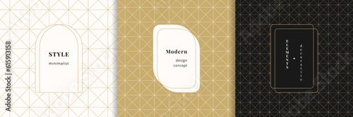 Vector minimalist geometric seamless patterns with modern minimal labels. Trendy linear square grid ornament, triangles, lines, lattice, net. Gold textures set. Premium backgrounds. Repeatable design