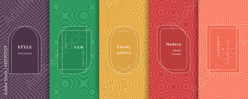 Vector geometric seamless pattern set in retro vintage style. Trendy groovy colorful backgrounds with modern minimal labels. Distorted surface textures. Abstract funky patterns. Elegant banner design