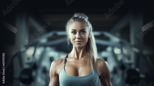 Weibliches Fitnessmodel im Fitnesscenter, generative KI © Pascal