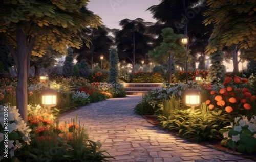 Panoramic Photo of LED Light Posts Illuminated Backyard Garden During Night Hours. Modern Backyard Outdoor Lighting Systems. Created with Generative AI technology.