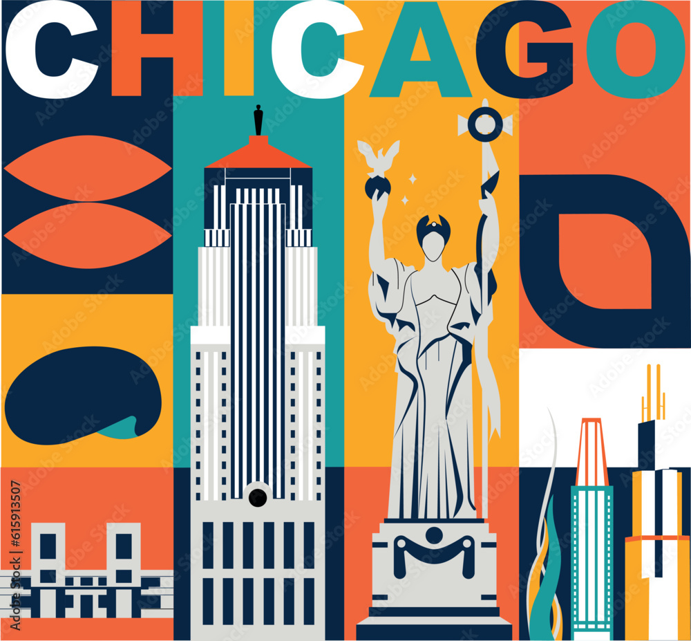 Obraz premium Typography word Chicago branding technology concept. Collection of flat vector web icons. American culture travel set, architectures, specialties detailed silhouette. Doodle famous landmarks.