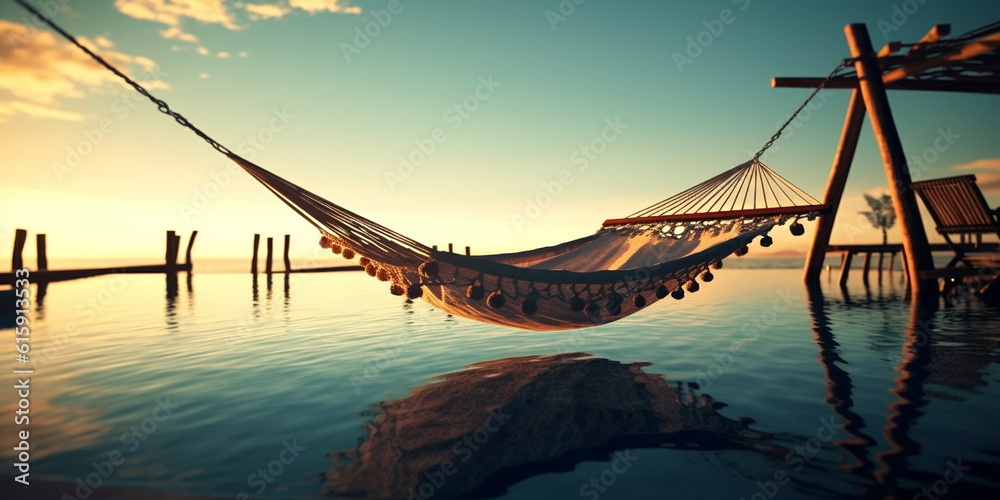 romantic resort pool, blurred light hammock on beach , palm trees, exotic flowers,green sea water, people silhouette sit on background ,generated ai