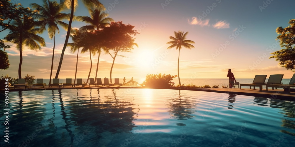 romantic resort pool, blurred light hammock on beach , palm trees, exotic flowers,green sea water, people silhouette sit on background ,generated ai