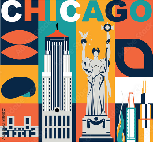 Typography word Chicago branding technology concept. Collection of flat vector web icons. American culture travel set, architectures, specialties detailed silhouette. Doodle famous landmarks.