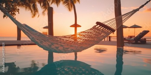 romantic resort pool, blurred light hammock on beach , palm trees, exotic flowers,green sea water, people silhouette sit on background ,generated ai © Aleksandr