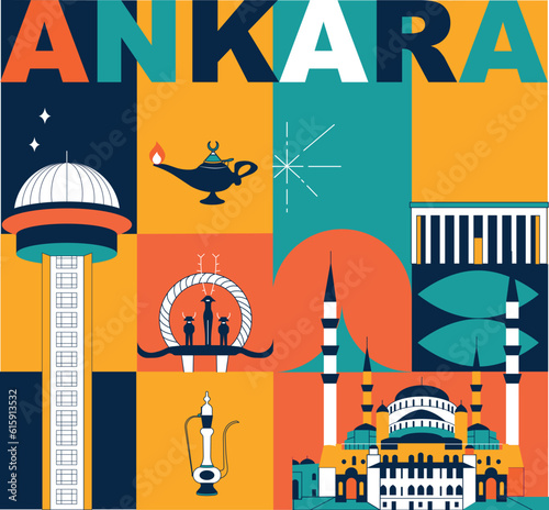 Typography word "Ankara" branding technology concept. Collection of flat vector web icons. Ankara culture travel set, famous architectures and specialties detailed silhouette. Turkish famous landmark.