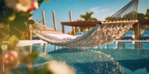 romantic resort pool, blurred light hammock on beach , palm trees, exotic flowers,green sea water, people silhouette sit on background ,generated ai photo