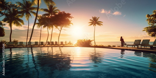 romantic resort pool, blurred light hammock on beach , palm trees, exotic flowers,green sea water, people silhouette sit on background ,generated ai