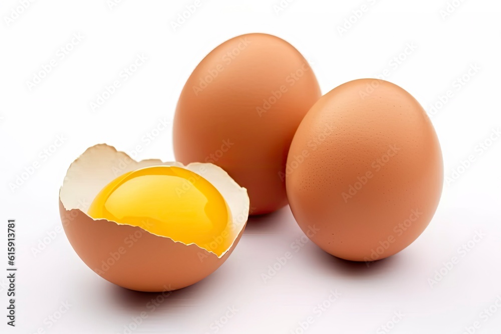 cracked and whole eggs on white background generated by AI cracked and whole eggs on white background generated by AI