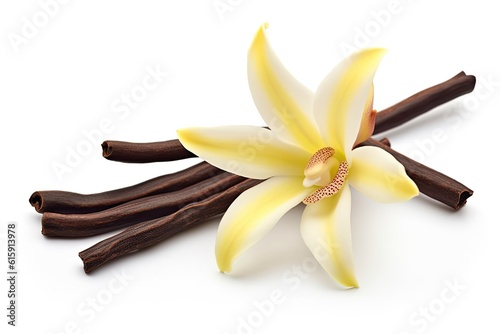 vanilla sticks and vanilla flower on a white background created by generative AI