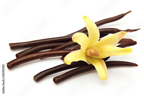 vanilla sticks and vanilla flower arranged aesthetically on a clean white background
