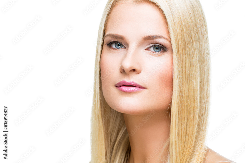 beautiful young woman with blond straing hair and makeup. closeup beauty shot. isolated in white abckground. copy space. beautiful young woman with blond straing hair and makeup. closeup beauty shot. isolated in white abckground. copy space.