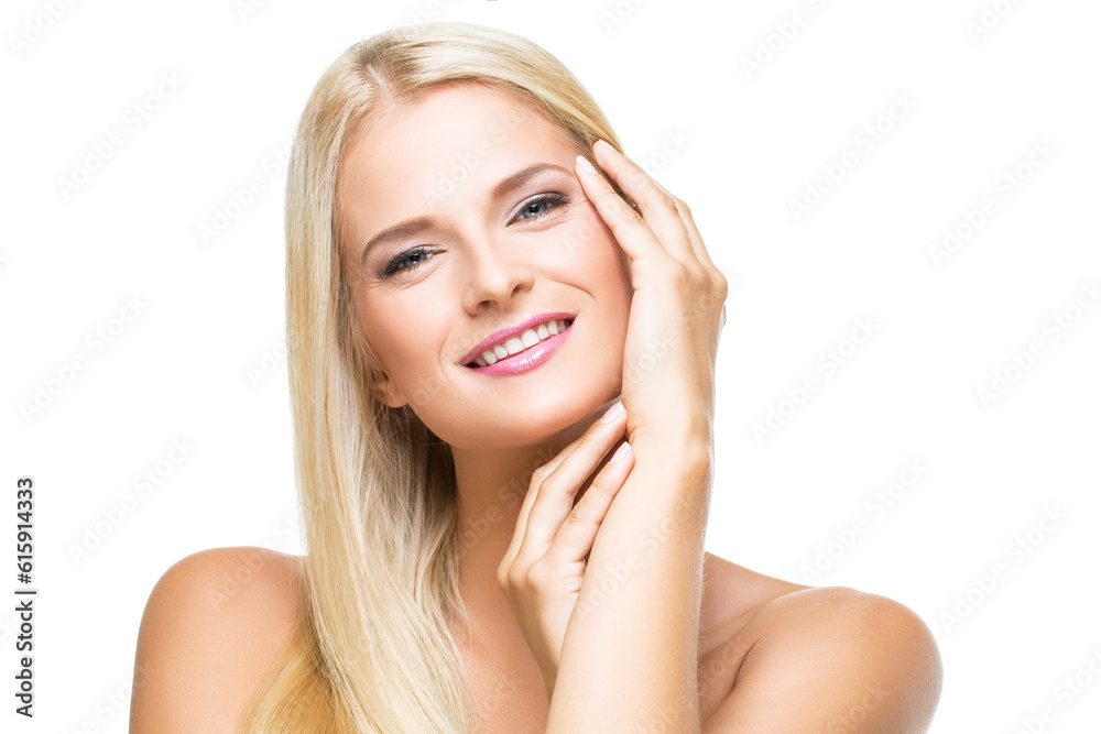 beautiful young woman with blond straing hair and makeup. closeup beauty shot. isolated in white abckground. copy space. beautiful young woman with blond straing hair and makeup. closeup beauty shot. isolated in white abckground. copy space.