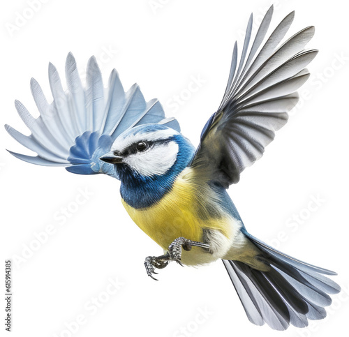 Flying blue tit isolated on white background as transparent PNG, generative AI photo