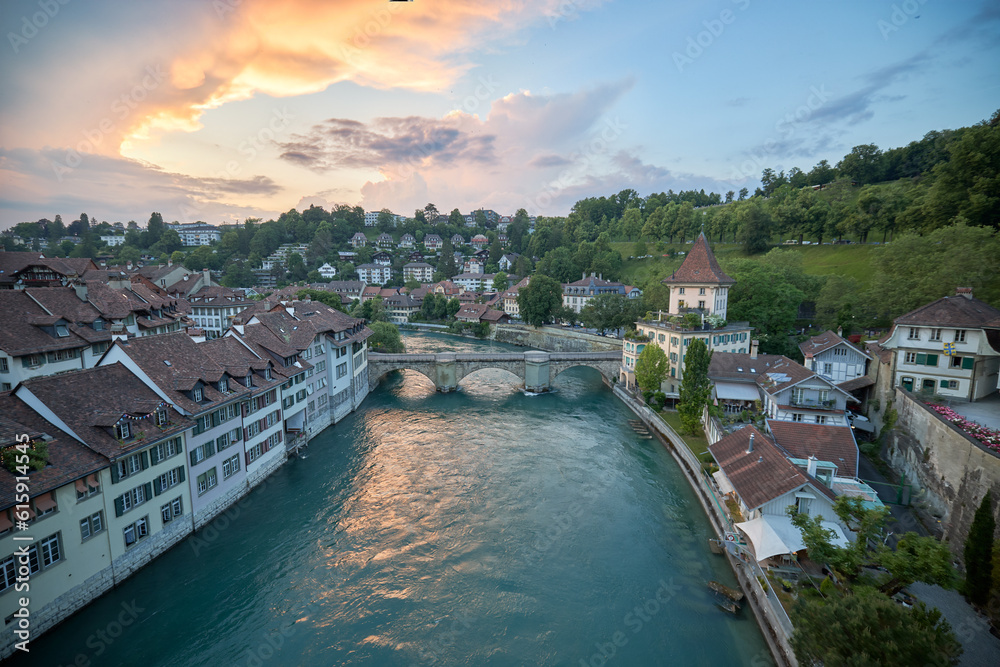 Aerial view at sunset of the old town and the river Aar in Bern in Switzerland.