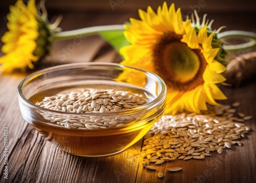 Sunflower oil and seeds on wooden table against blurred background, space for text. Created with Generative AI technology.