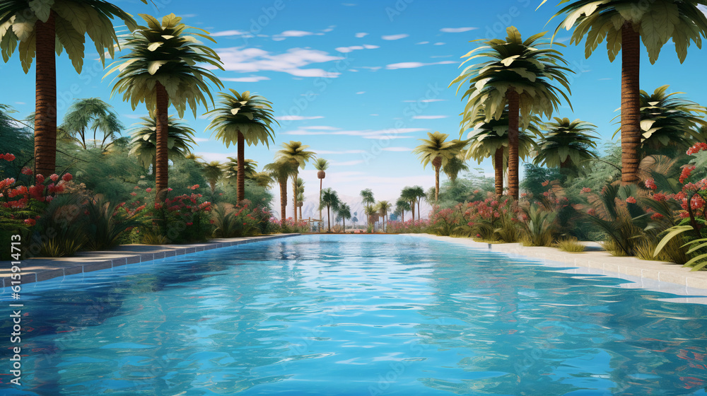 Beautiful wide format photorealistic detailed image of a swimmingpool with a small waterfall in the background, bright blue water, surrounded by some palm trees on a bright summer day Beautiful wide format photorealistic detailed image of a swimmingpool with a small waterfall in the background, bright blue water, surrounded by some palm trees on a bright summer day