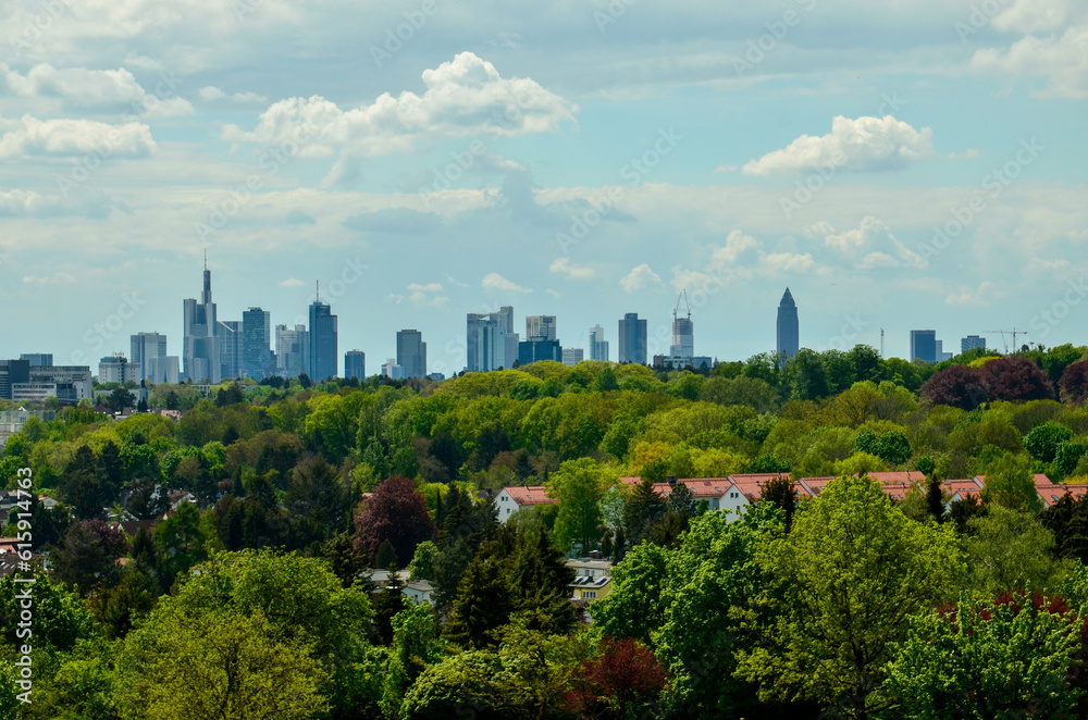 Frankfurt skyline behind some houses and green trees under cloudy summer sky Frankfurt skyline behind some houses and green trees under cloudy summer sky
