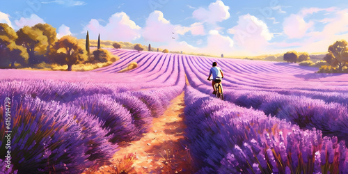 A girl rides a bicycle in a field of lavender