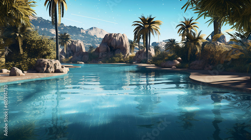 Beautiful wide format photorealistic detailed image of a swimmingpool with a small waterfall in the background, bright blue water, surrounded by some palm trees on a bright summer day