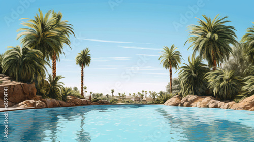 Beautiful wide format photorealistic detailed image of a swimmingpool with a small waterfall in the background, bright blue water, surrounded by some palm trees on a bright summer day