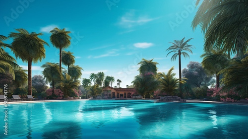 Beautiful wide format photorealistic detailed image of a swimmingpool with a small waterfall in the background, bright blue water, surrounded by some palm trees on a bright summer day © Ralf