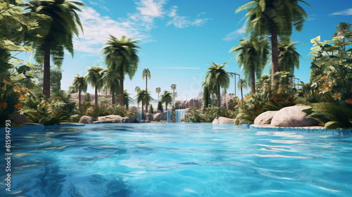 Beautiful wide format photorealistic detailed image of a swimmingpool with a small waterfall in the background  bright blue water  surrounded by some palm trees on a bright summer day